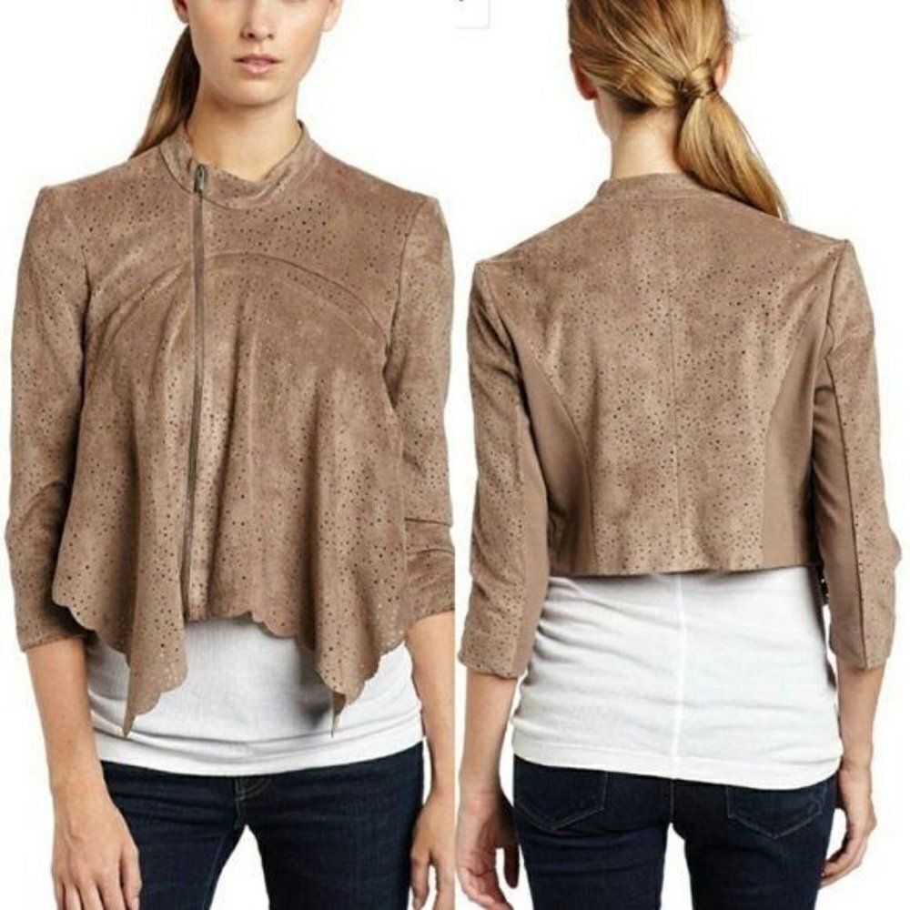 BCBGMaxAzria Faux Suede Perforated Scalloped Hem Asymmetrical Jacket‎ Tan Sz XS